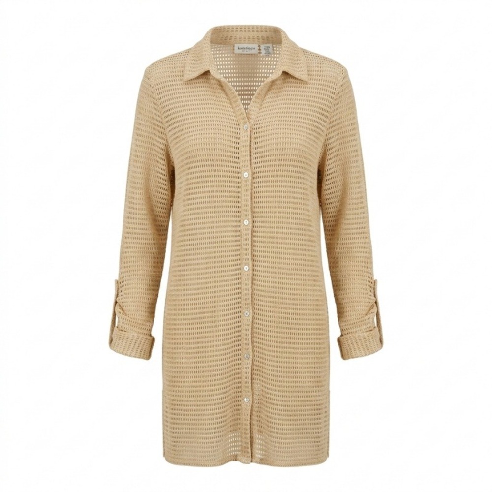 Haute Hippie Style Tan Open Knit Mesh Button Front Tunic Shirt Dress Medium